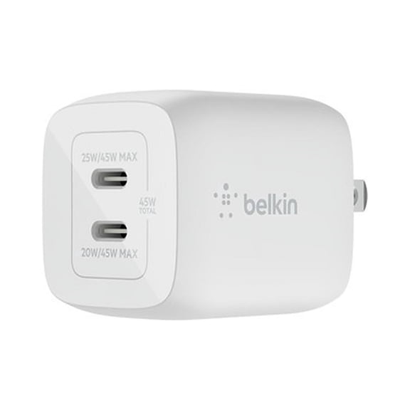 Belkin BoostCharge Pro 45W Dual Port GaN Wall Charger, Multi-Port 2X USB-C PD 3.0 Fast Charging for MacBook, iPhone, iPad, Galaxy, Google Pixel, Nintendo Switch 2 & More   C to C Cable - White