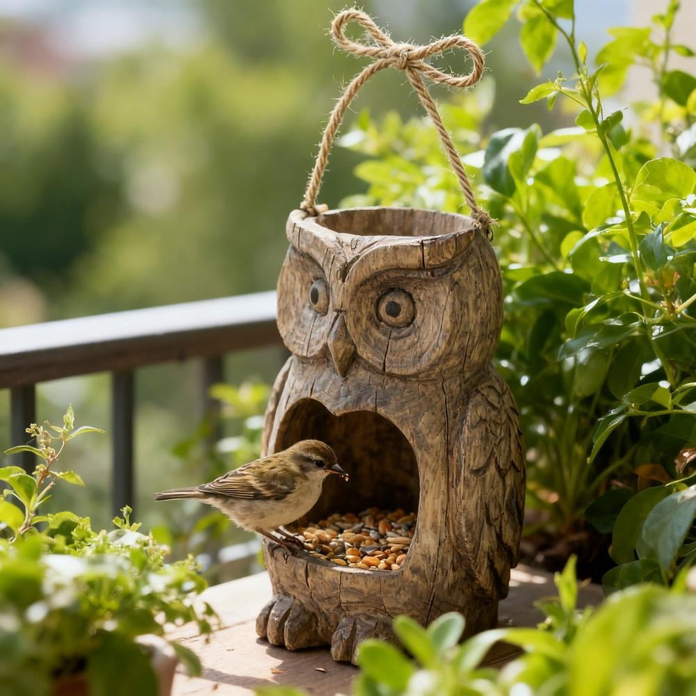 Resin Owl Bird Feeder for Outdoor Garden - Realistic Wood-Look Decorative Wildlife Feeding Station - Weatherproof Hanging Birdfeeder for Backyard & Patio