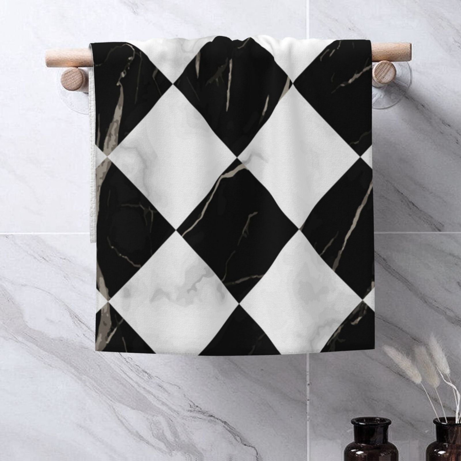 Marble Check Diagonal Black White 27.5" x 16" Ultra Soft Hand Towel, Face Wash Cloth for Bathroom, Gym, Travel, Pool