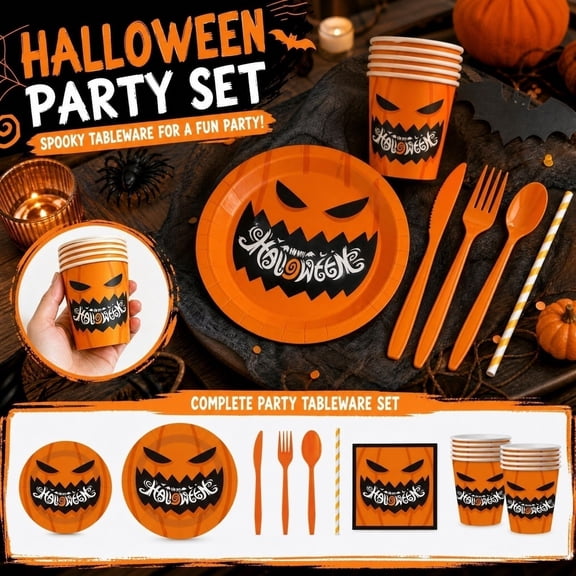 60 Piece Halloween Party Supplies Halloween Party Plates Cups Napkins Plastic Cutlery Set Spooky Halloween Decor for Home Halloween Table Decor for Halloween Party Dinners