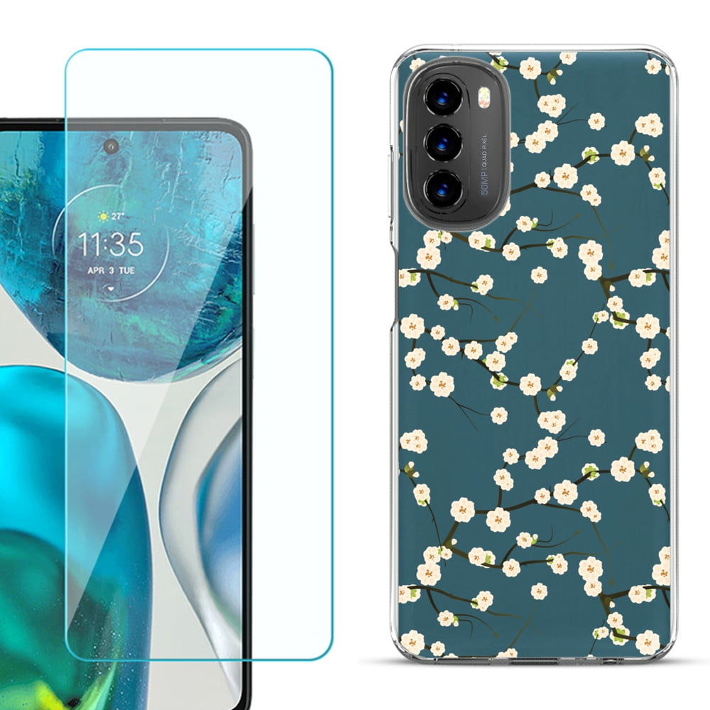 Slim-Fit Gel TPU Phone Case for Motorola Moto G Stylus 5G 2022, with Tempered Glass Screen Protector, by OneToughShield ® - Blossom Green