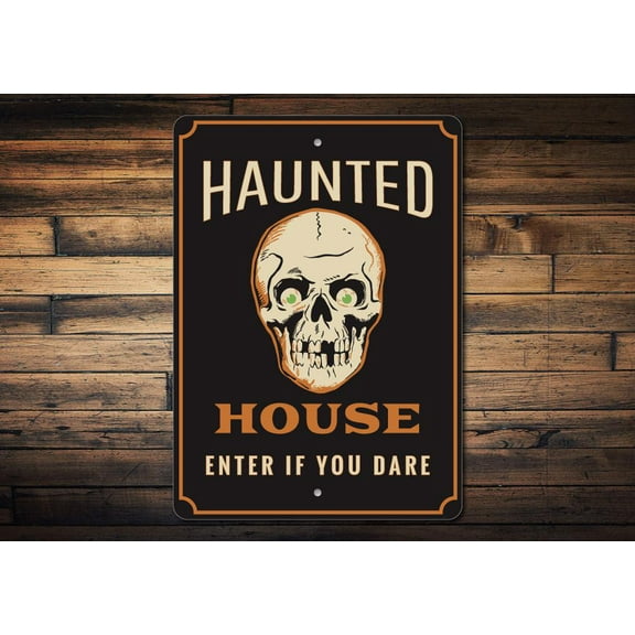 Haunted House Skull Novelty Sign, Metal Wall Decor - 10x14 inches
