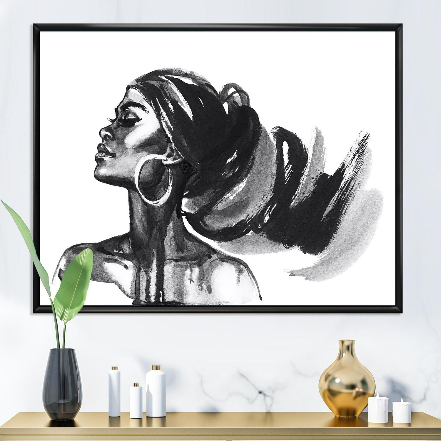 Designart Monochrome Portrait of African American Woman IV FLOAT FRAME WALL ART