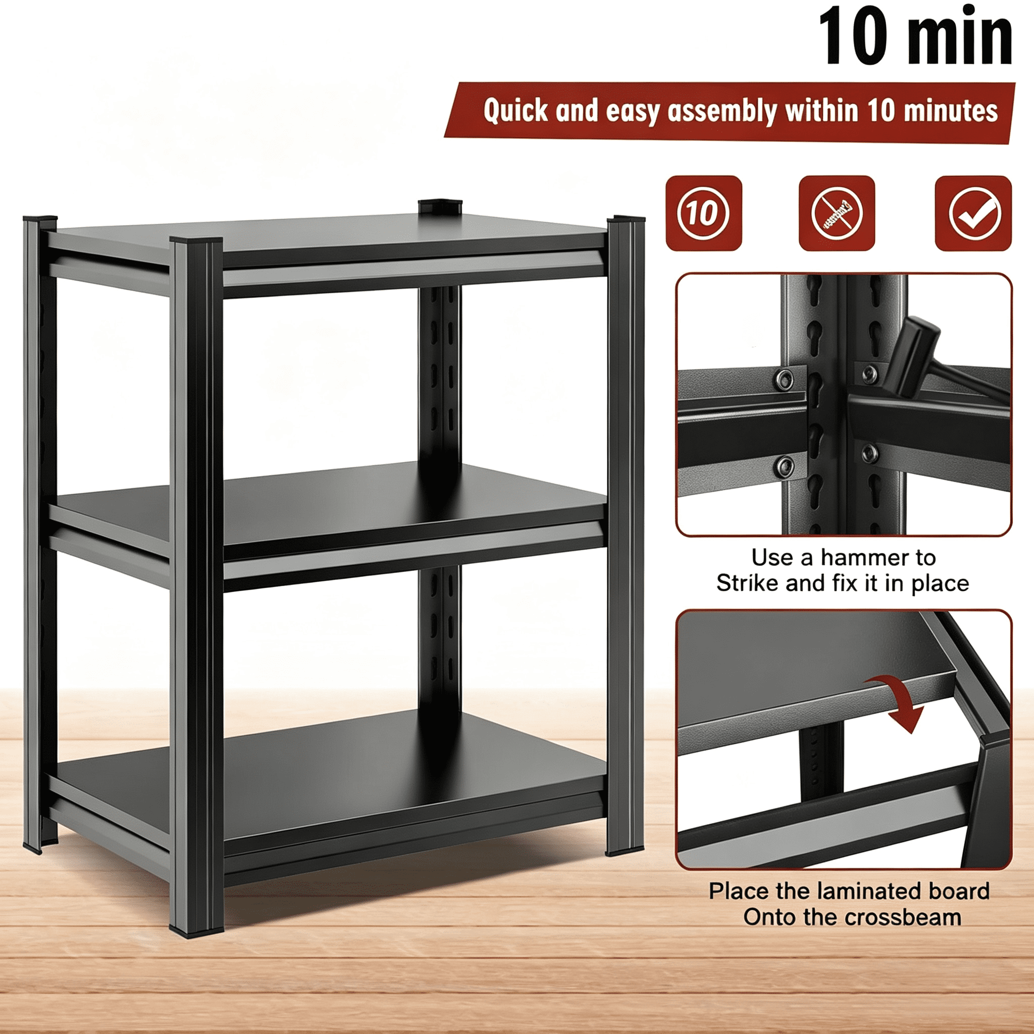 3-Tier Metal Storage Rack with Adjustable Shelves, Multi-purpose Organizer for Living Room, Kitchen, Garage, Office, Gym and More