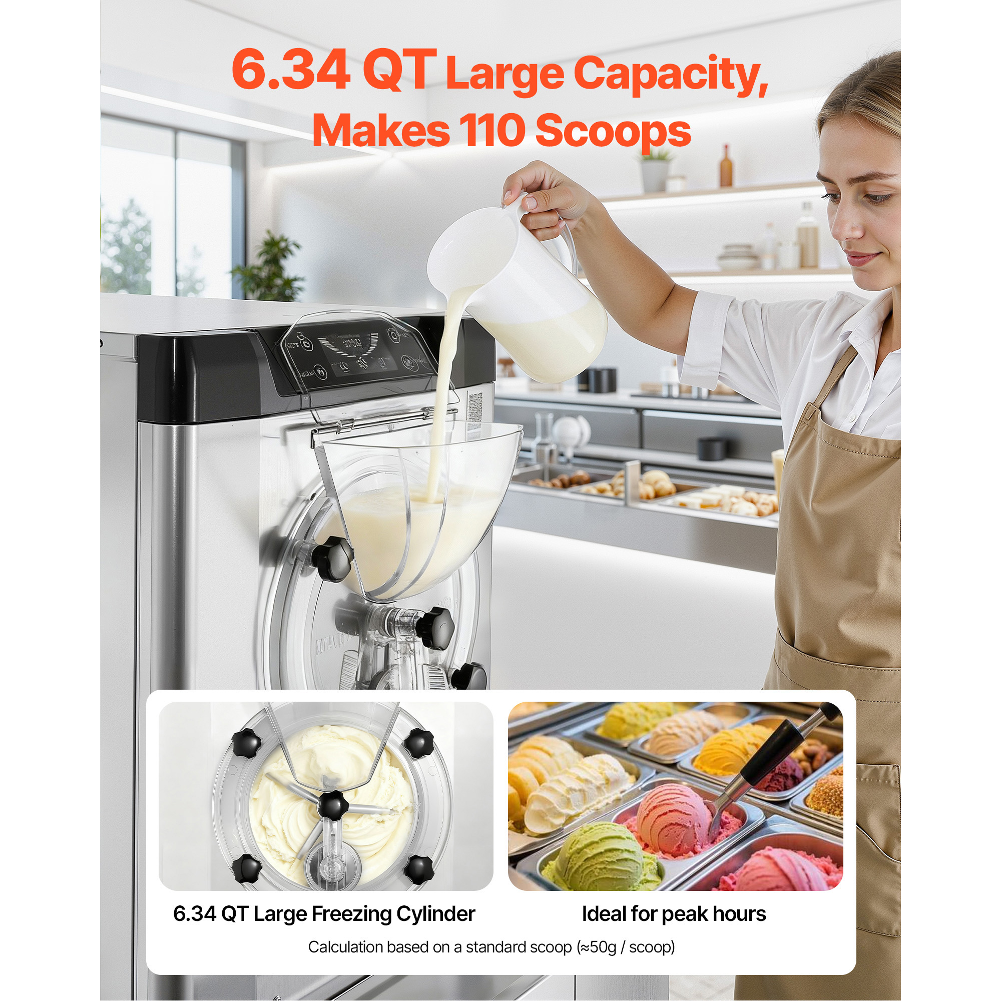 KFFKFF Commercial Hard Ice Cream Machine, Gelato Maker, 201 Stainless Steel 304 Stainless Steel, 19.68×31.30×31.10 in