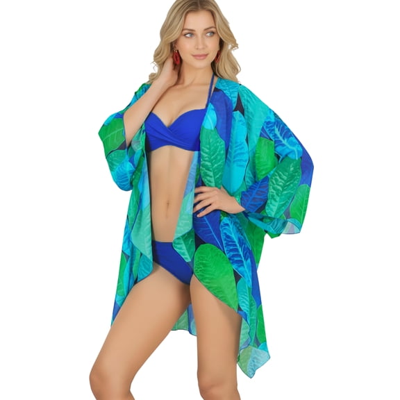 HAPPY BAY Women's Chiffon Summer Beach Loose Casual Beachwear Cover Top Dress Duster Kimono L-XL Lapis, Leaves