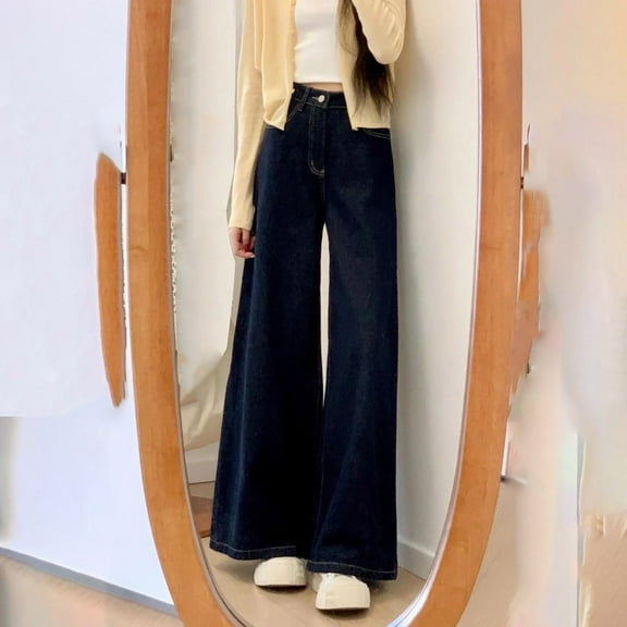 QIUOMBBP Straight Wide Leg Jeans for Women Lightweight Baggy Stretch Denim Pants with Pockets Loose Casual Fall Fashion Pants, Blue, XL