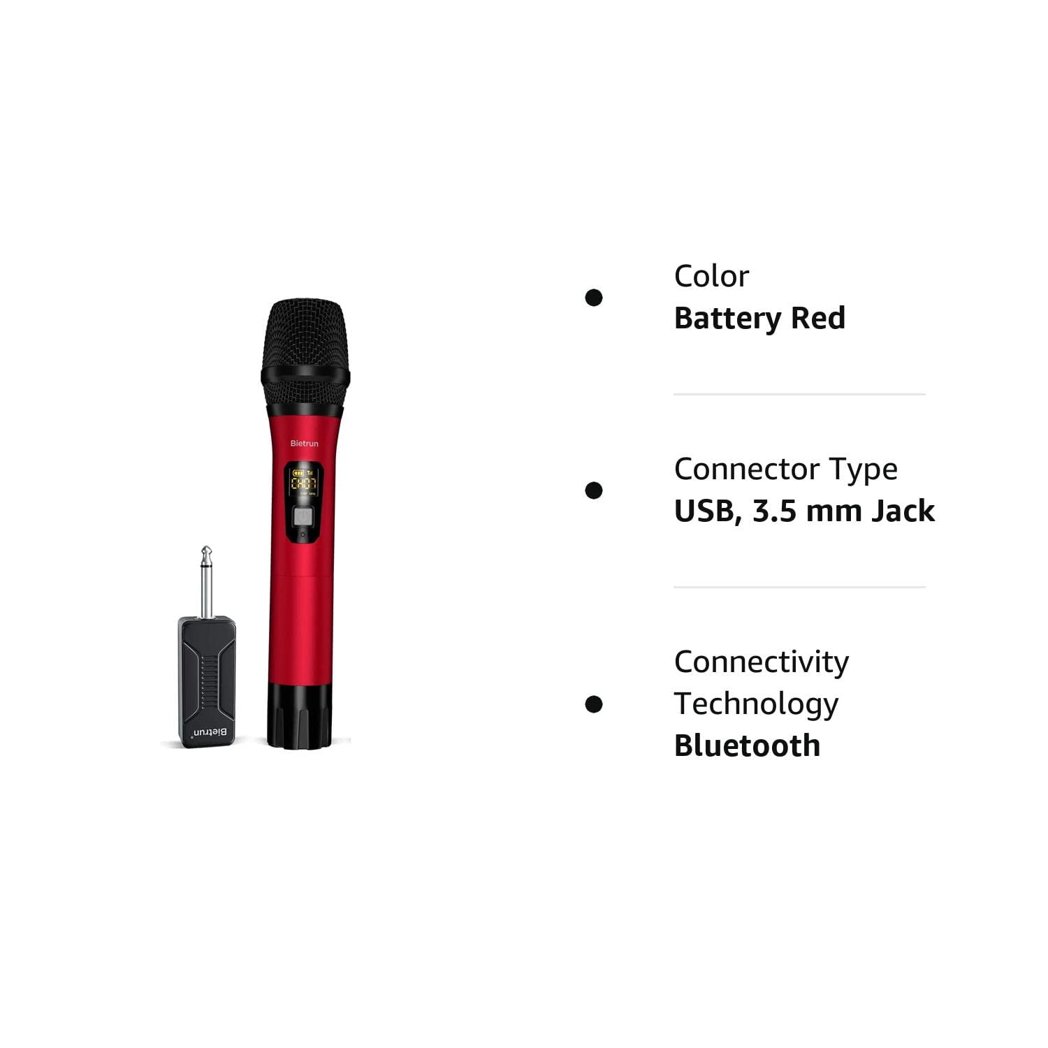 Bietrun Wireless Microphone Only for Mic Input, UHF Metal Dynamic Handheld Multipurpose Mic with Rechargeable Receiver (Work 4hs), 160ft Range, for Karaoke Machine, Amplifier Speaker, Mixer, Church