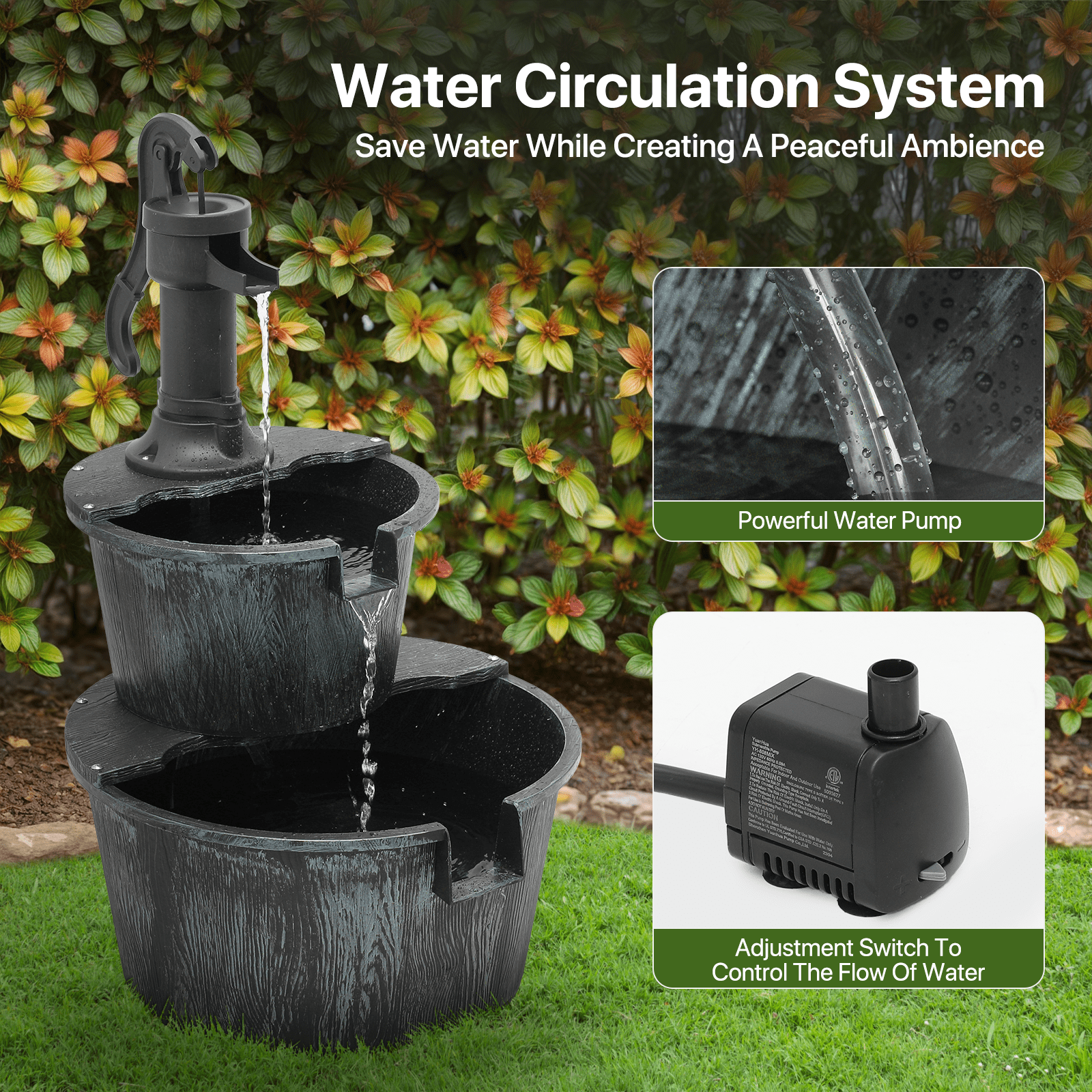 OSM Outdoor Water Fountain, 27" Tall 2-Tier Barrel Design with Waterfall and Electric Pump, Freestanding Water Feature for Garden, Patio, Backyard, Porch, 11 L Capacity, Dark Green