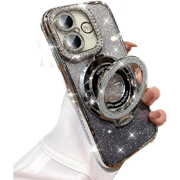 for iPhone 16 Magnetic Kickstand Case, [Compatible with Magsafe] Bling Glitter Diamond Rhinestone Ring Holder Camera Lens Protector Girly Woman Cute Phone Cover for iPhone 16 6.1" (Silver)