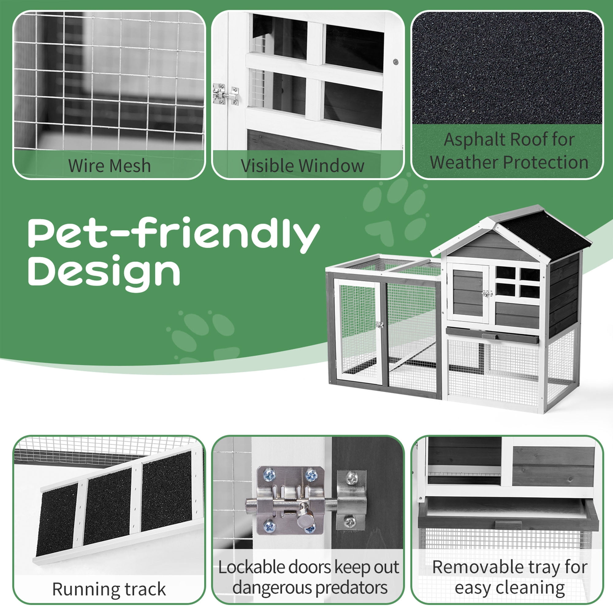 Pefilos 46" Wood Rabbit Hutch for Outdoor, Large Rabbit Cages for Indoor with Run Small Animal House Chicken Coop, Gray