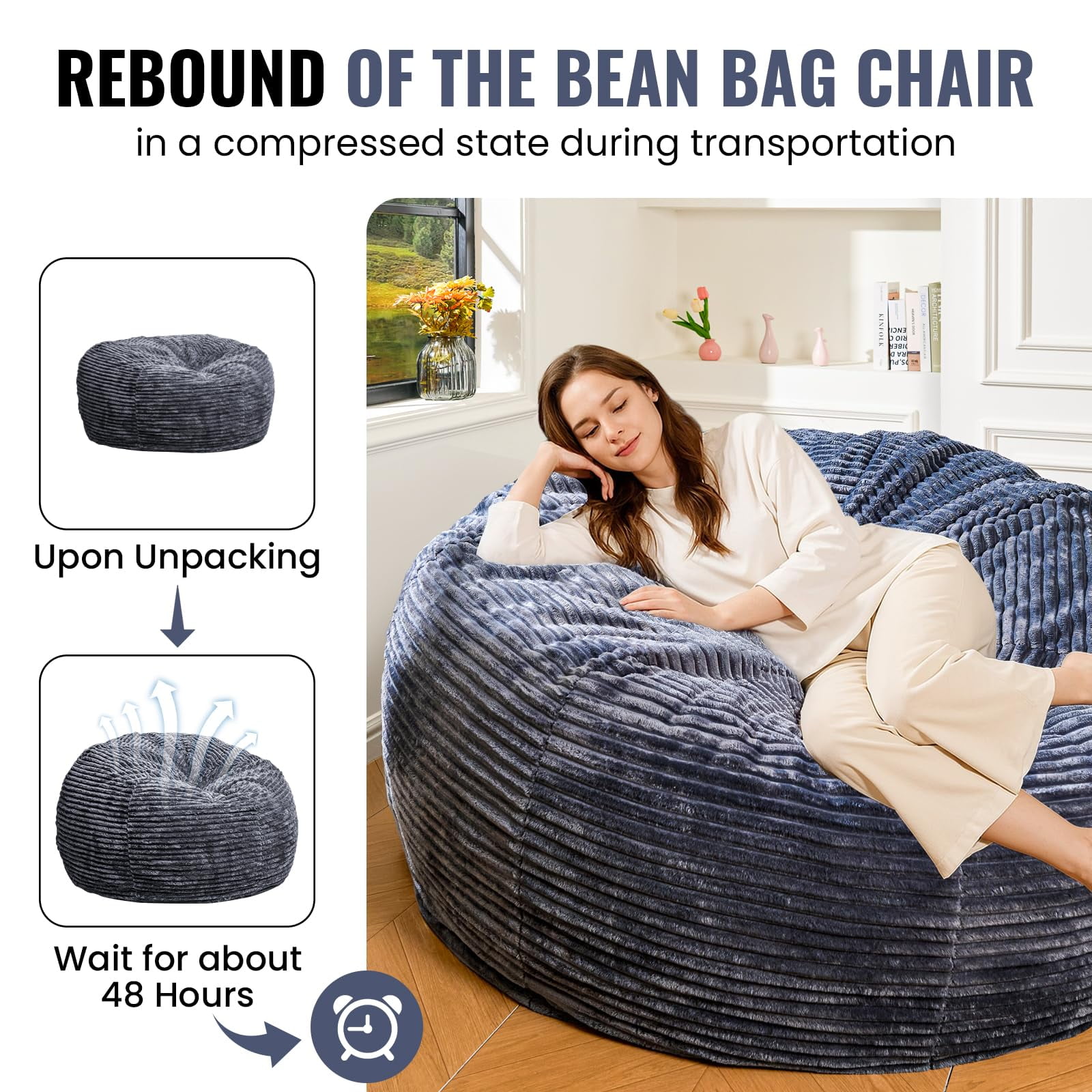 Baxluxe 60-Inch Adult Bean Bag Chair, Comfortable Oversized Chair with Memory Foam Filling, Ultra-Soft Lounge Bean Bag Sofa for Living Room or Bedroom