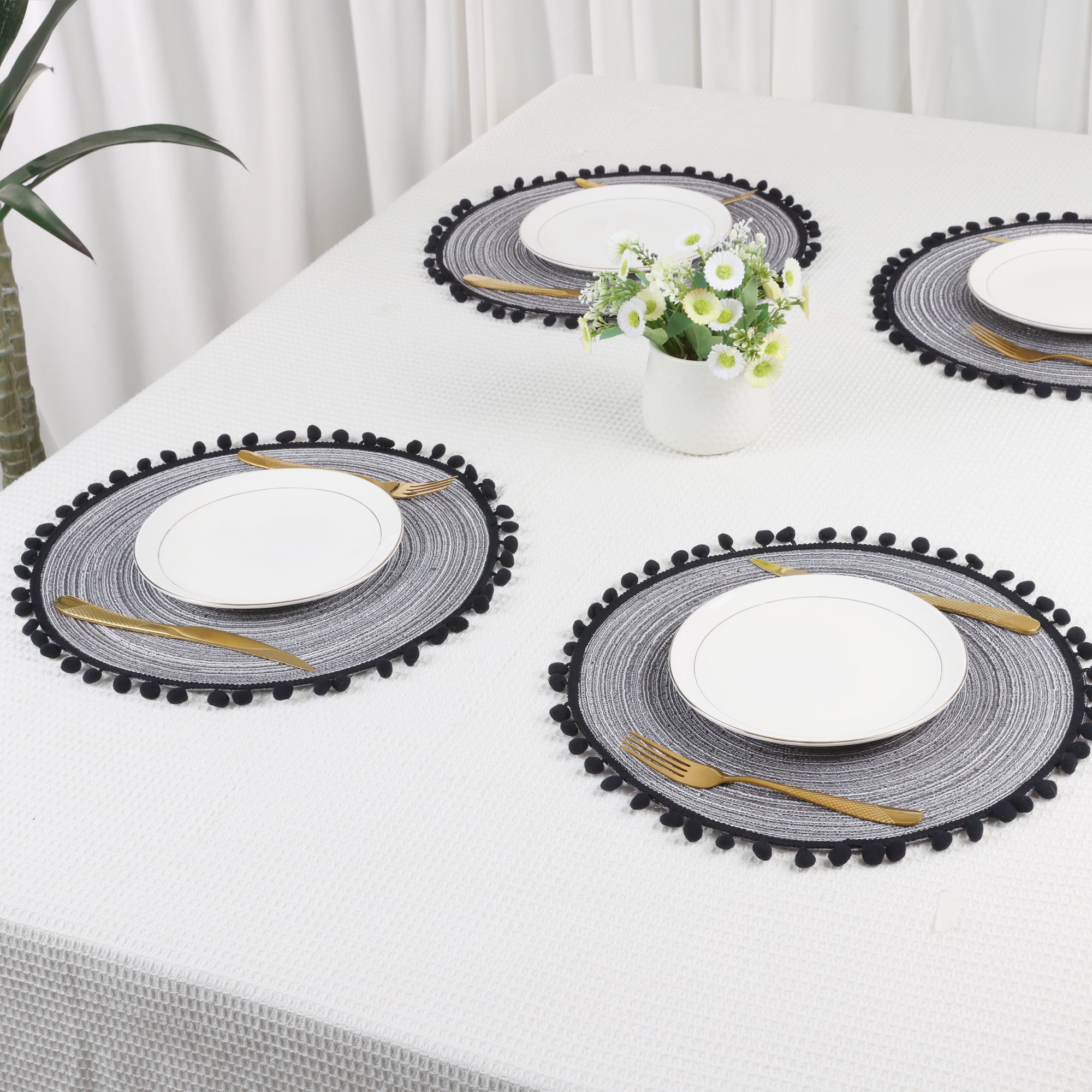 Unique Bargains Placemats Set of 6 Polyester Placemats for Dining Table Black Gray 15x15in