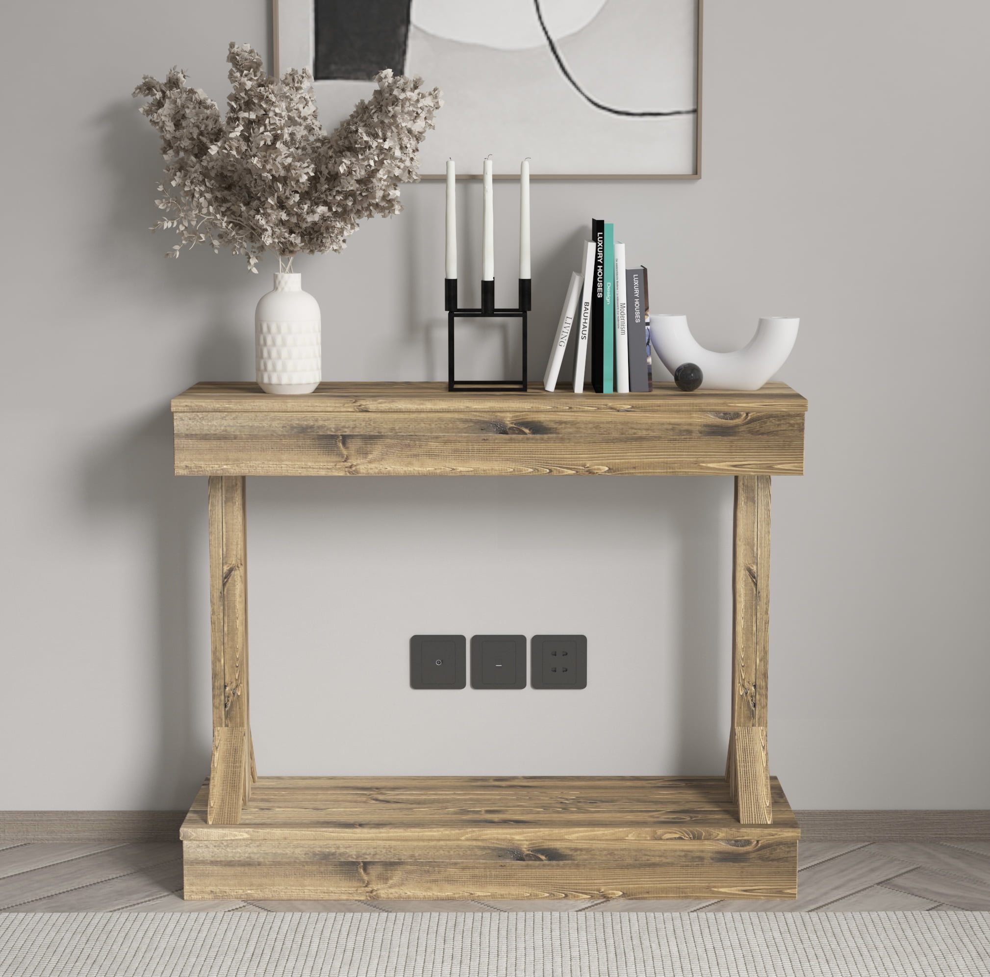 Pemberly Row 52 Rustic Entry Console Table in Dark Walnut Top w and White Oak 