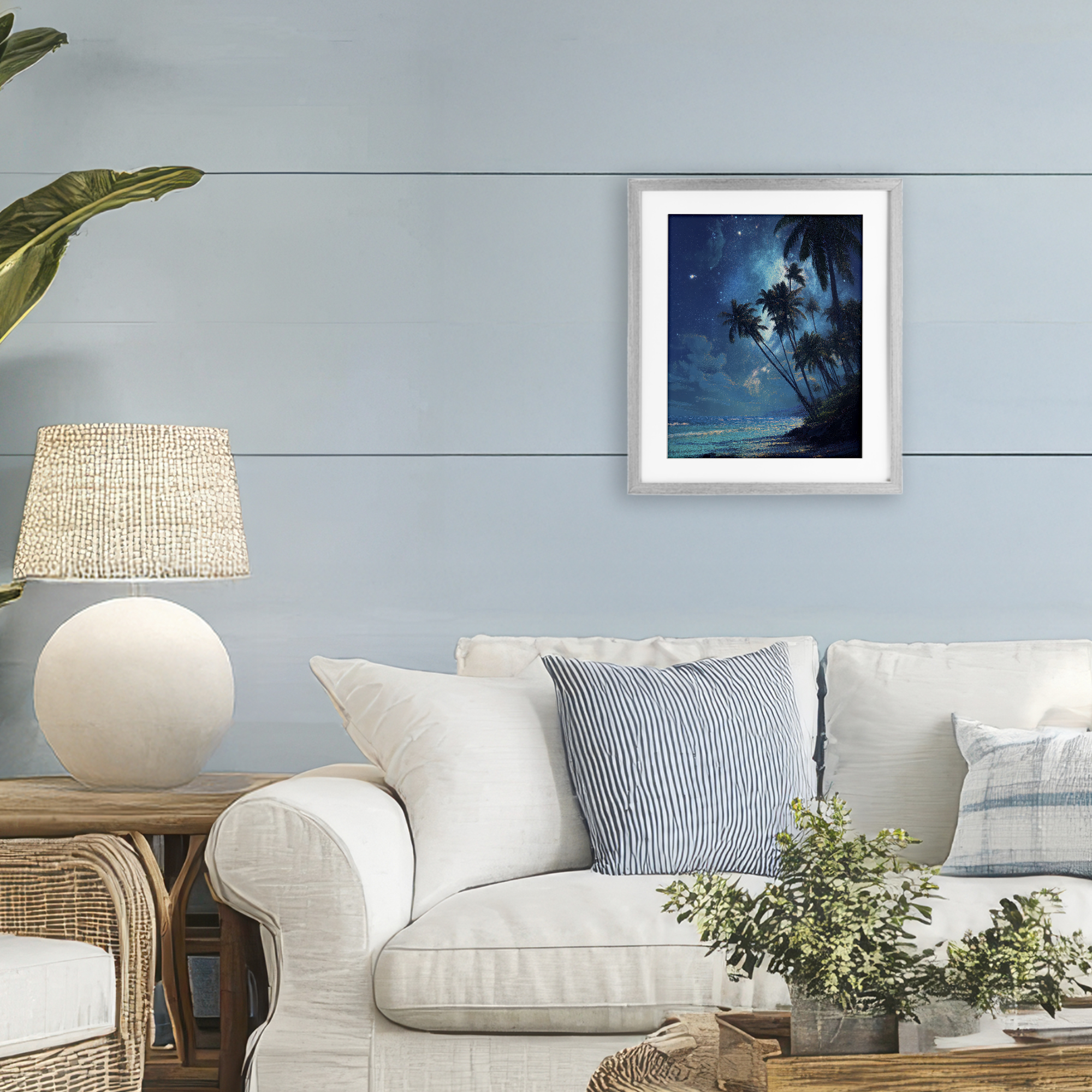Moonlit Beach Palm Trees Gray Framed Print Under Glass, design by Ziwei Li