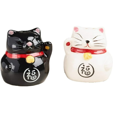 World Market Lucky Cat Salt and Pepper Shaker Set - Ceramic Condiment Shakers Kitchen Accessories | Table Countertop and Kitchen Décor | Perfect to Wrap | Black and White, Set of (Best White Pepper In The World)