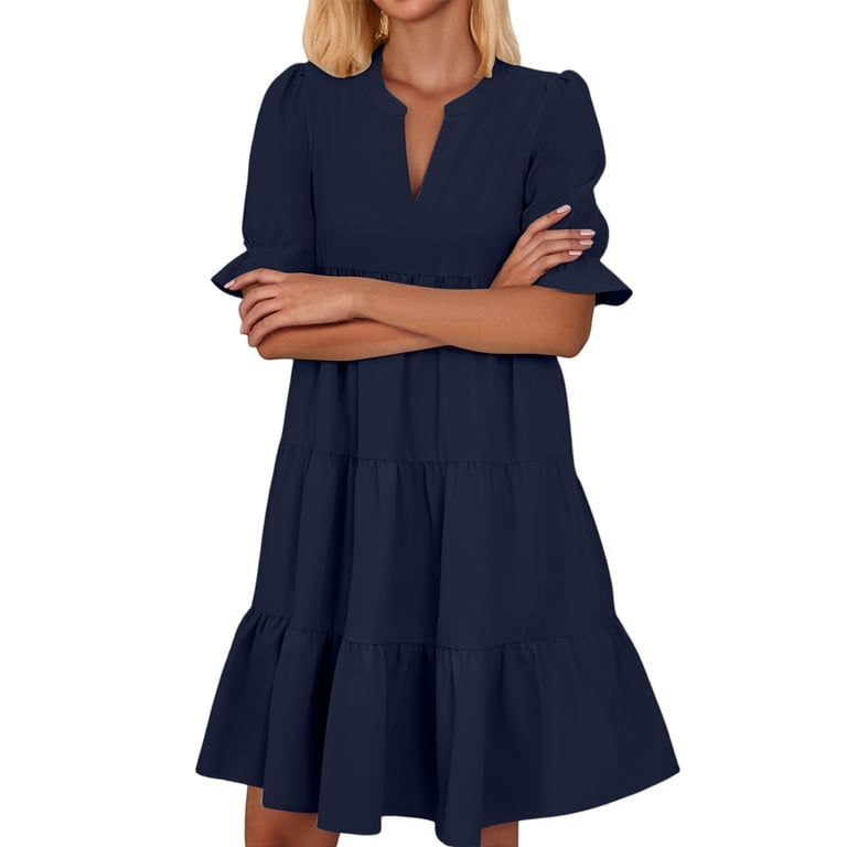 Petite Dresses For Women, Casual V Neck Short Sleeves Boho Dress With Ruffle Hem Beach Vacation Wedding Guest Short Dress Women Shoes Dresses Spring Mexican Work Dresses (XXL, Dark Blue) ZMTing - Petite Dresses For Women, Casual V Neck Short Sleeves Boho Dress With Ruffle Hem Beach Vacation Wedding Guest Short Dress Women Shoes Dresses Spring Mexican Work Dresses (XXL, Dark Blue) ZMTing -