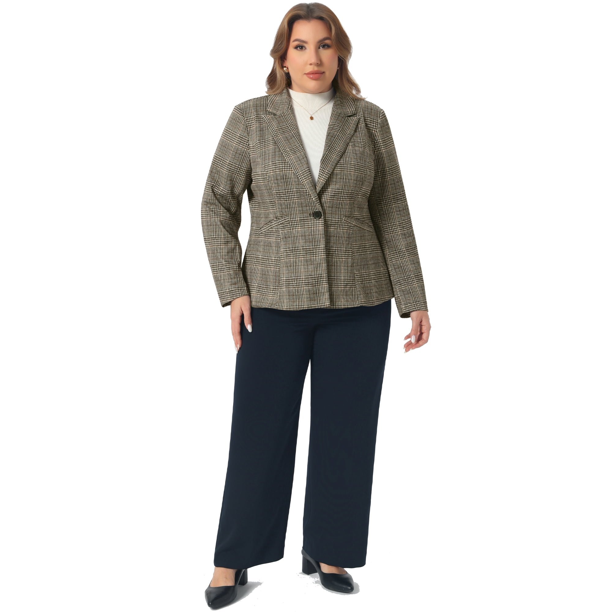 DARING DIVA Women's Plus Casual Plaid Notched Lapel Button Jacket 2X Brown