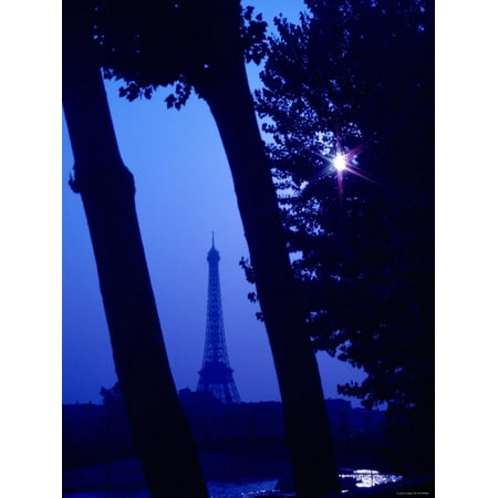 View of Eiffel Tower Landmark Through Tree Trunks at Night with Lens Flare from Shining Moon Print Wall