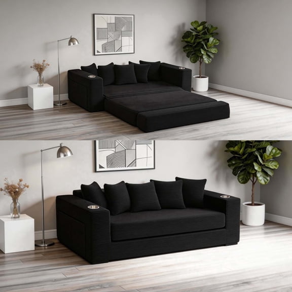 76" CAPCAEK Corduroy Sofa Bed, No Assembly 2-in-1 Sleeper Sofa with Cup Holders & Pockets, Foldable Pull 0ut Couch & Modern Couches for Living Room, Black