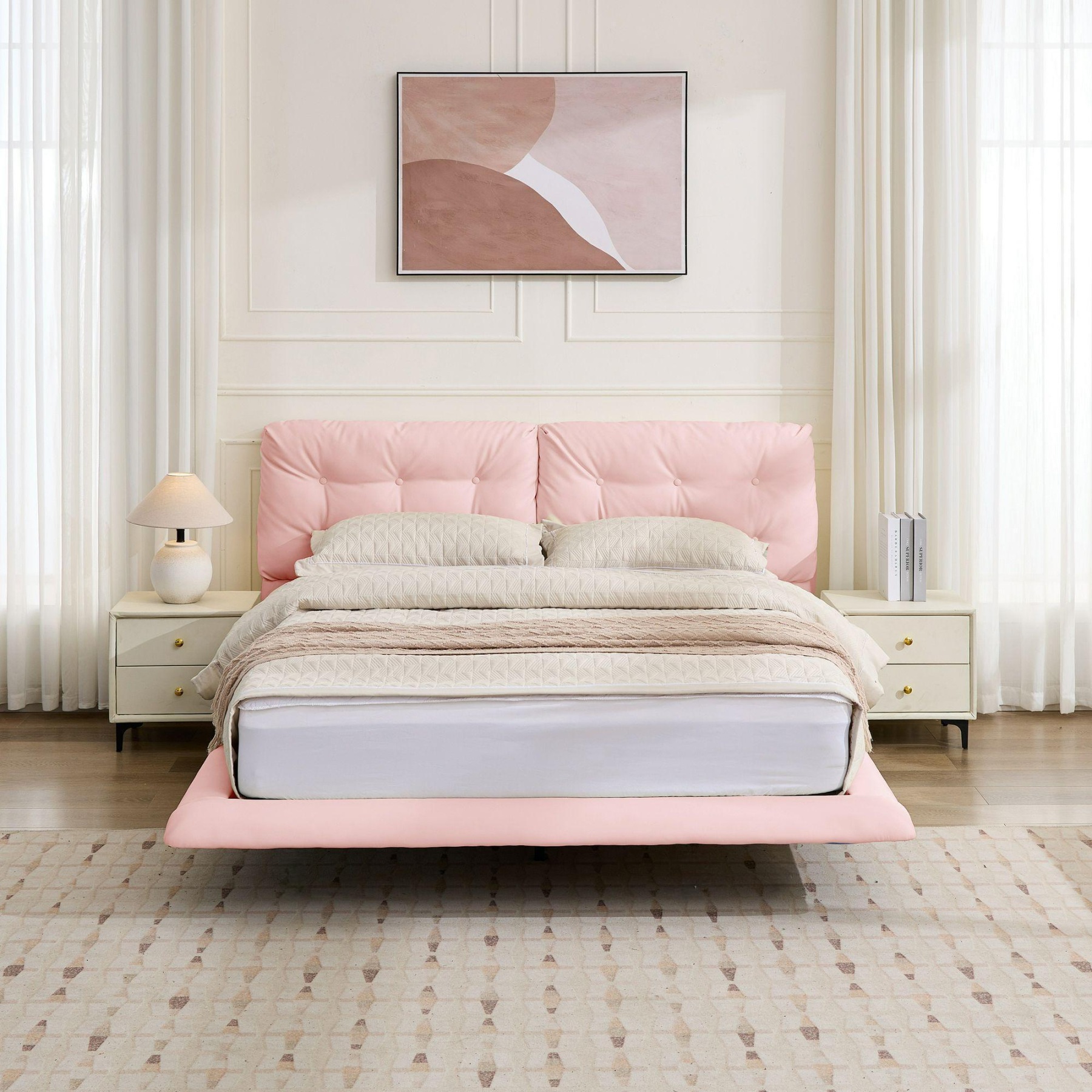 Queen Size Floating Bed Frame with LED Lights, Upholstered Platform Bed with Button Tufted Headboard, No Box Spring Needed, Easy Assembly, Pink