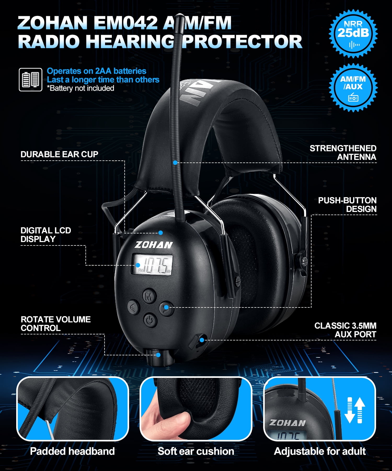 ZOHAN EM042 AM/FM Radio Headphone with Digital Display, 25dB NRR Ear Protection Noise Reduction Earmuffs