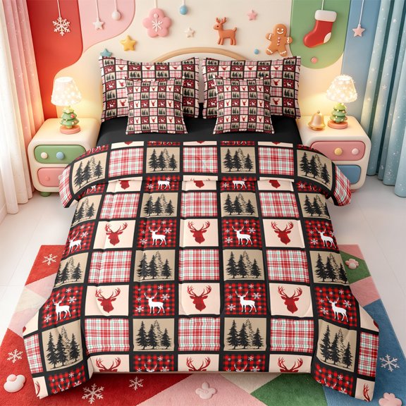 Manfei Winter Holiday 7-Piece Twin Bedding,Kawaii Christmas Animals Bedding Comforter Set,Black Reversible
