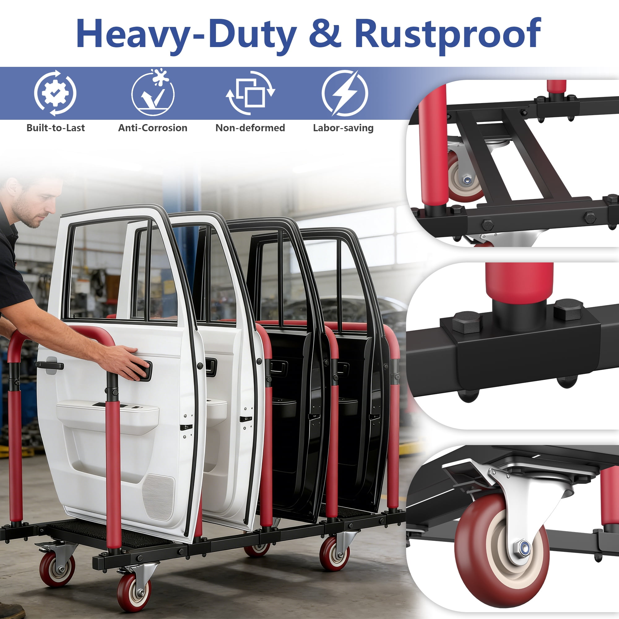 YOHKOH Jeep Door Storage Rack with Lockable 4" Casters – Heavy-Duty Movable Stand for Jeep Wrangler JK JL, Gladiator JT & Ford Bronco 2/4 Door