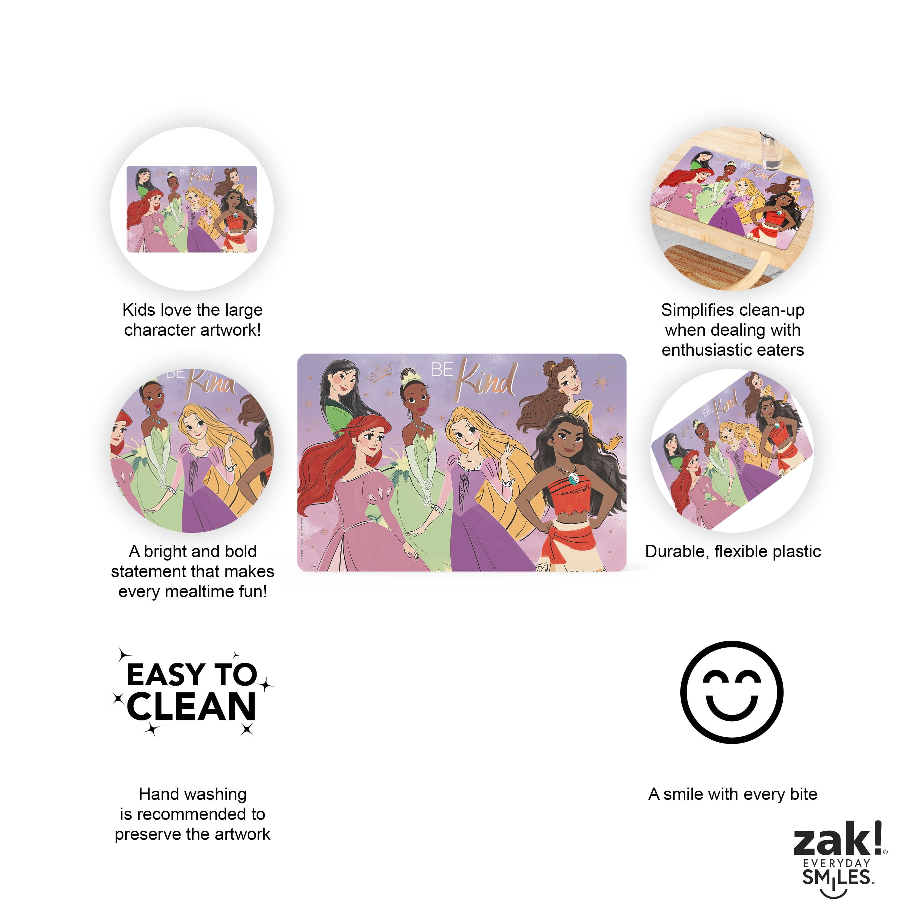 Zak Designs 11.8" x 17.6" Princess Reusable Plastic Kids Placemat, Disney Princess