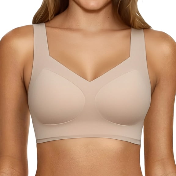 WCJM Beige High Waist Bra and Panty Set Yoga Bras for Women No Padding with Adjustable Back Hooks V-Neck Basic Wireless Racerback Bra Low Support Workout Sports Bra