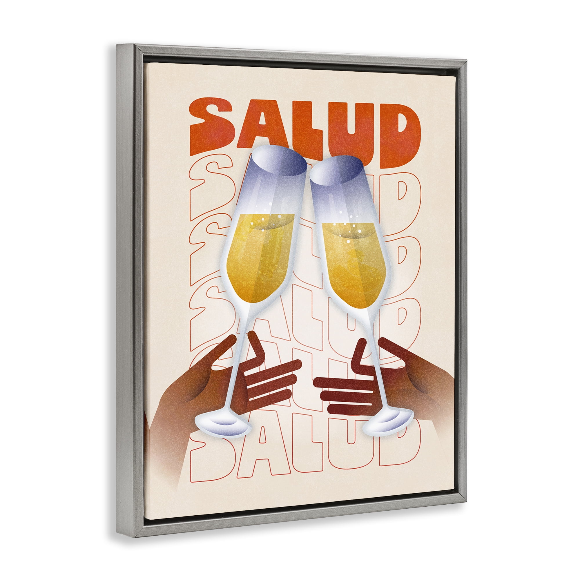 Stupell Industries Salud Cheers Champagne Food & Beverage Painting Gray Floater Framed Canvas Art Print Wall Art, 25 x 31