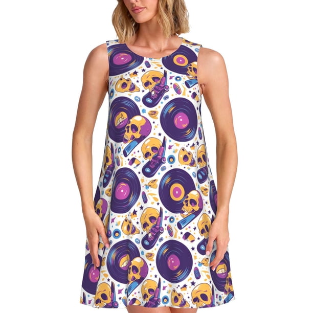 Fotbe record rock Skull star Vestido de Verano sin Mangas para Mujer – Vestido Midi Línea A, Estilo Camiseta Floral, Vestido Playero Casual y Fluido
