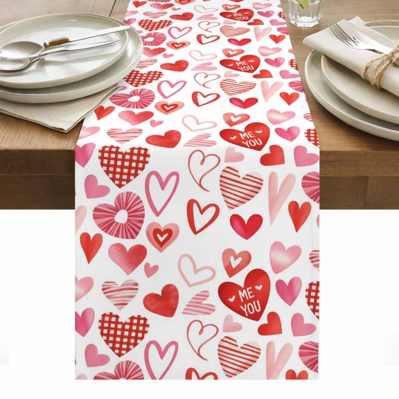 Valentine's Day Table Runner - 120 Inch Long, Kitchen Dining Table Runner Dresser Scarves, Watercolor Love Heart Romantic Me You Farmhouse Decor for Coffee Tables Wedding Party Banquet