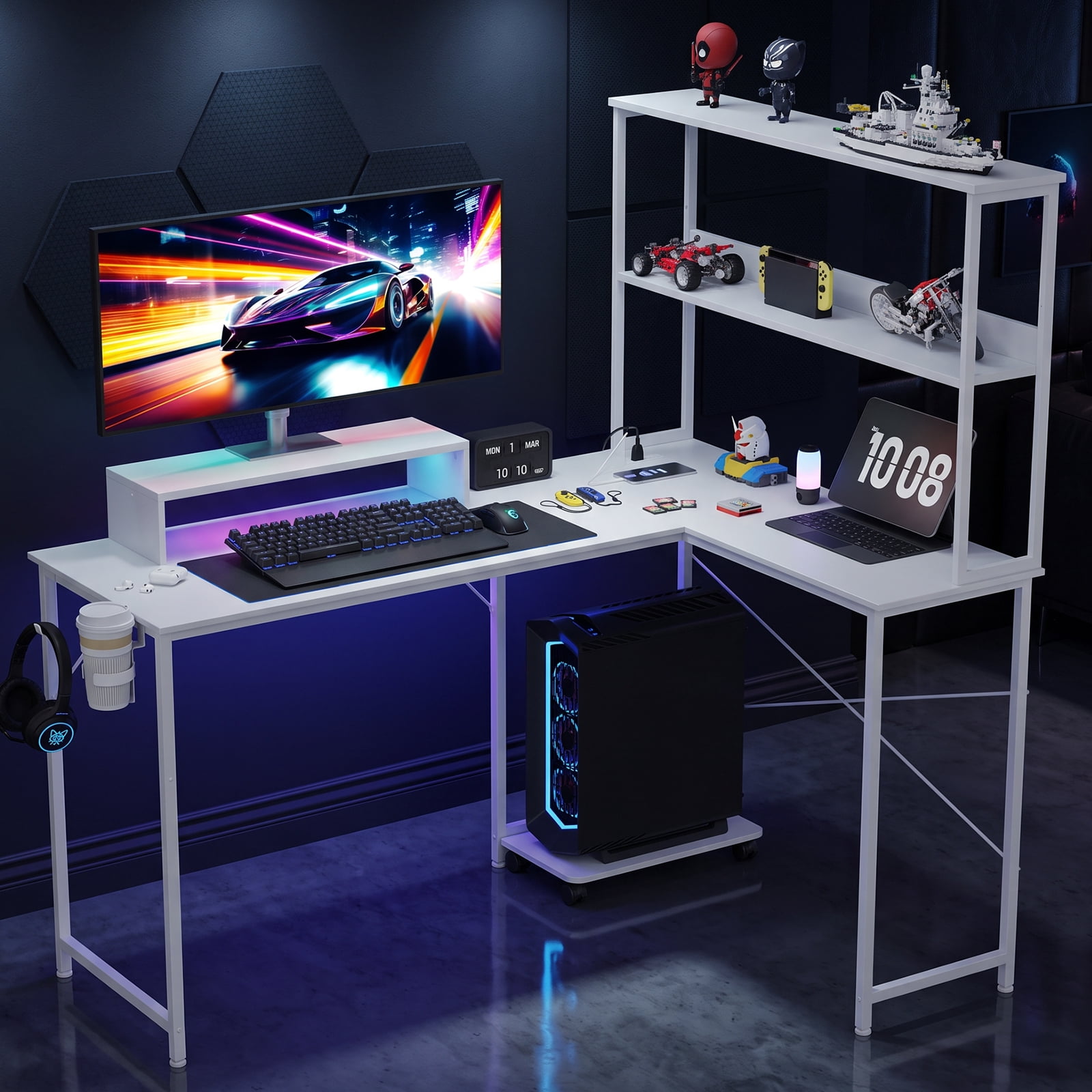 CLOUDREST PTO 53" L-Shaped Gaming Desk, Power Outlets & RGB LEDs, White