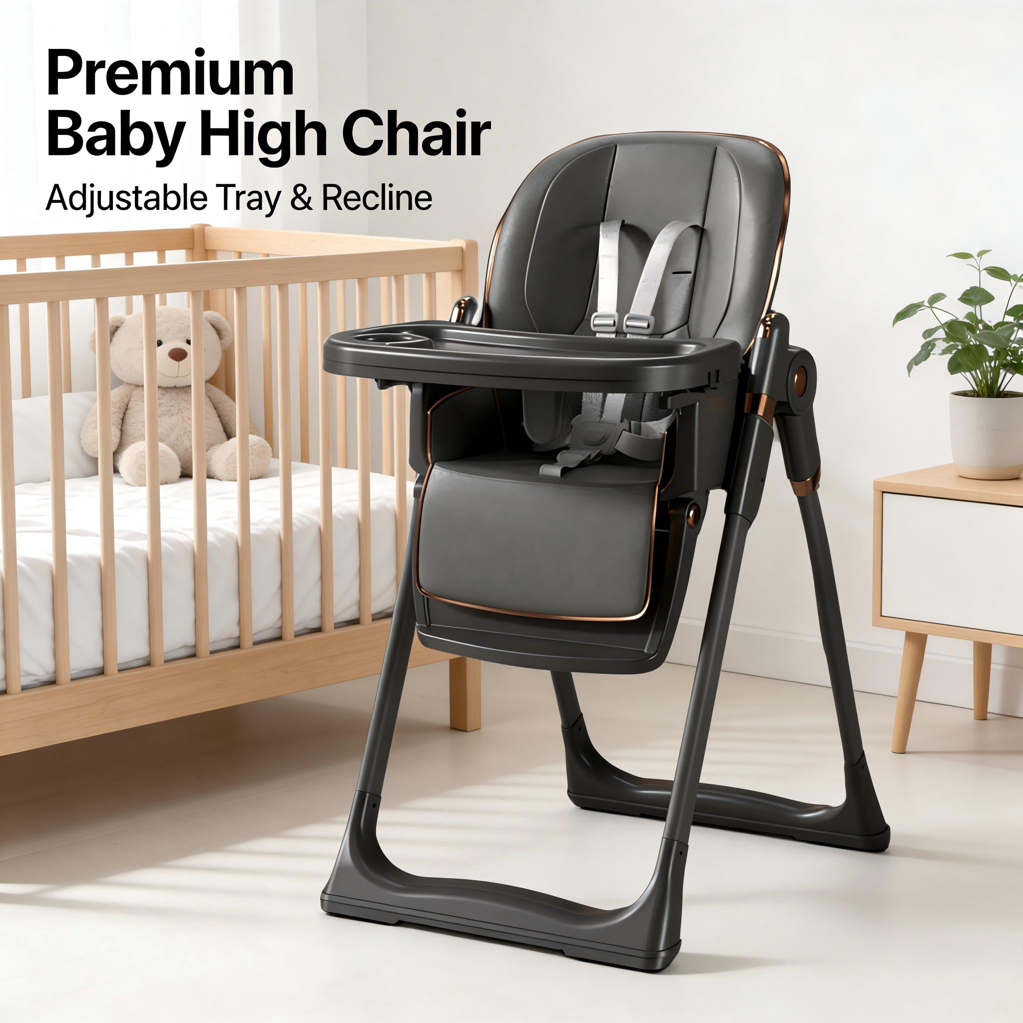 Cochildor Foldable High Chair for Babies & Toddlers, with 5 Point Harness, Tray, Foot Rest and Wheels, Gray