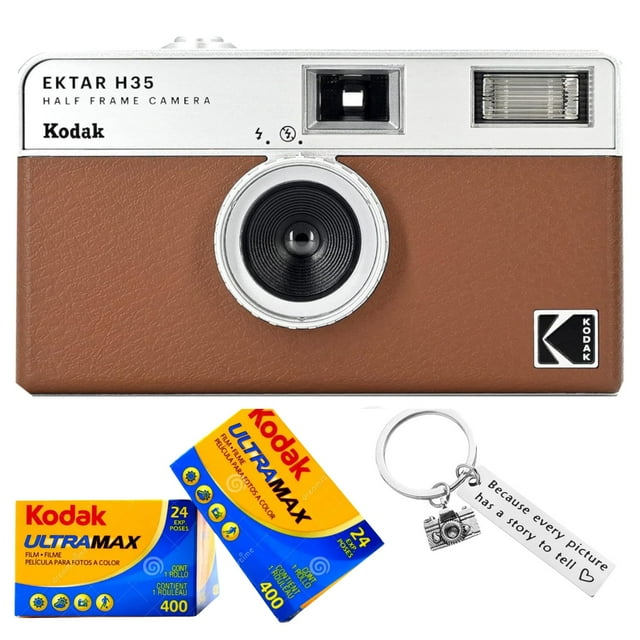 Kodak Ektar H35 Half-Frame Retro Camera Bundled with Kodak Ultramax 400 35mm Film (2 Rolls of 24 Exposures Each) Plus a Bonus Camera-Style Keychain (Brown)