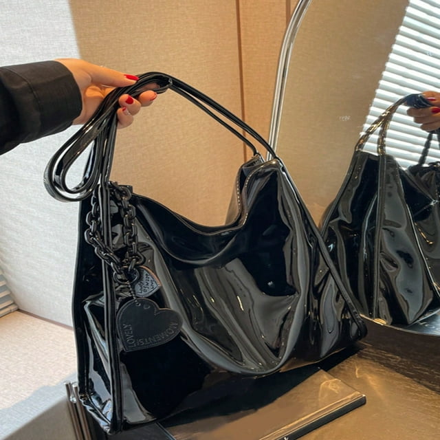 DEBGFS Stylish Patent Leather Tote Bag Solid Color Large Capacity Shoulder Bag Bucket Bags Underarm Bag For Daily Use,Black