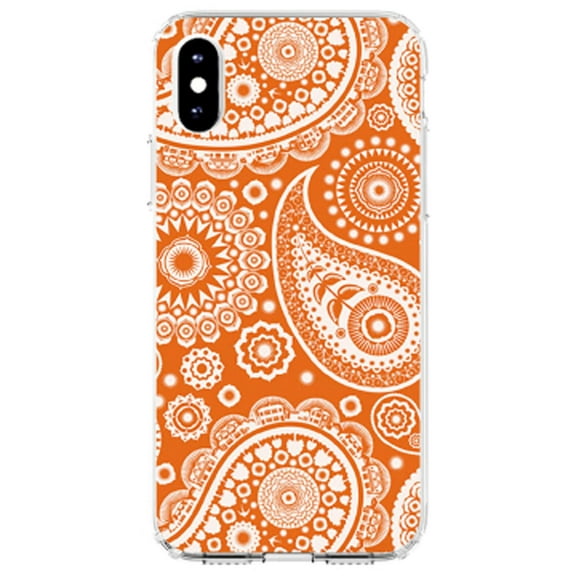 DistinctInk Clear Shockproof Hybrid Case for iPhone XS Max (6.5" Screen) - TPU Bumper, Acrylic Back, Tempered Glass Screen Protector - Orange White Paisley
