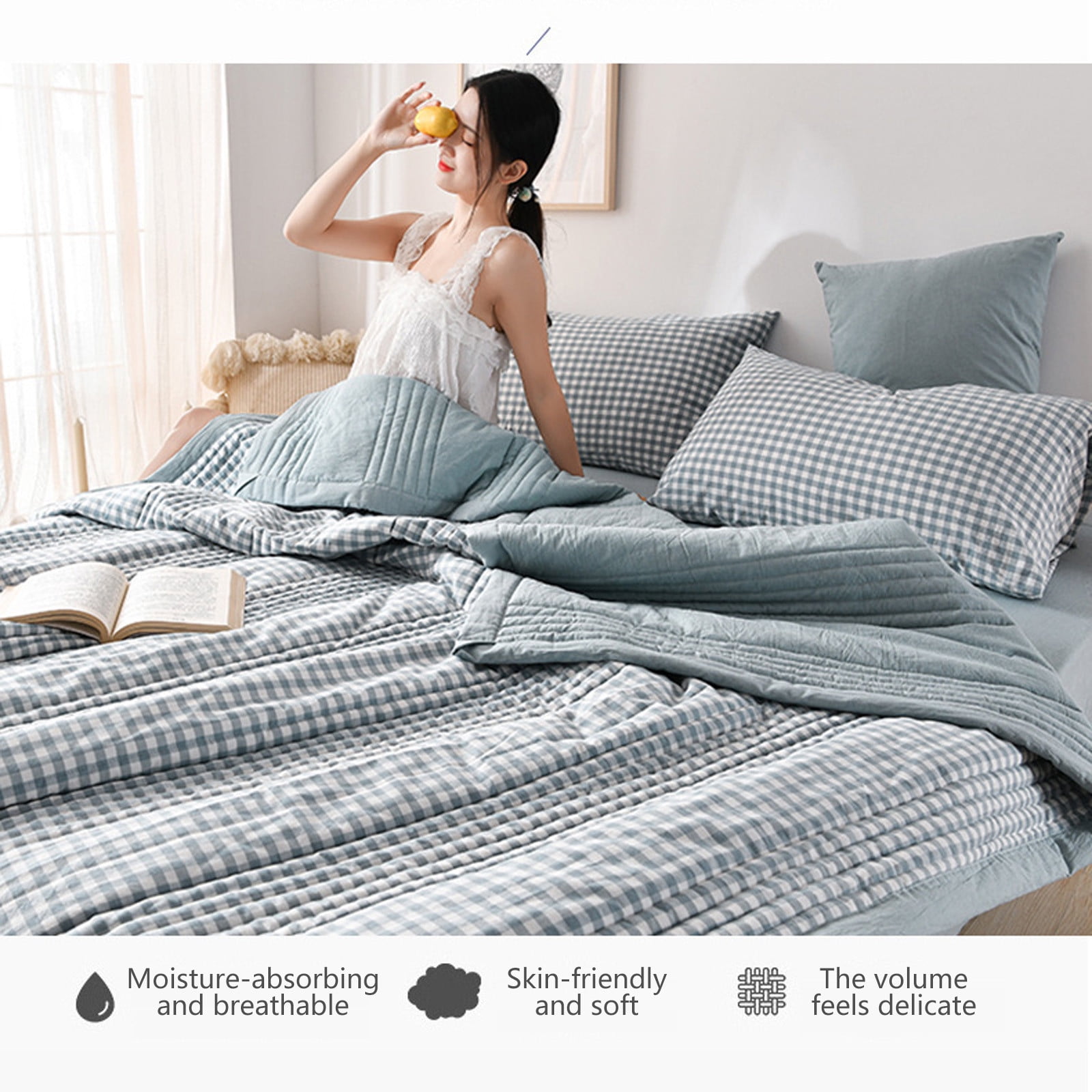 Double Sided Thin Quilt Comforter King Size Double Bed Summer Single Bed，Lightweight，Printing,100% Washed Cotton，Machine Washable,Soft Comfy Breathable Can Sleep Naked