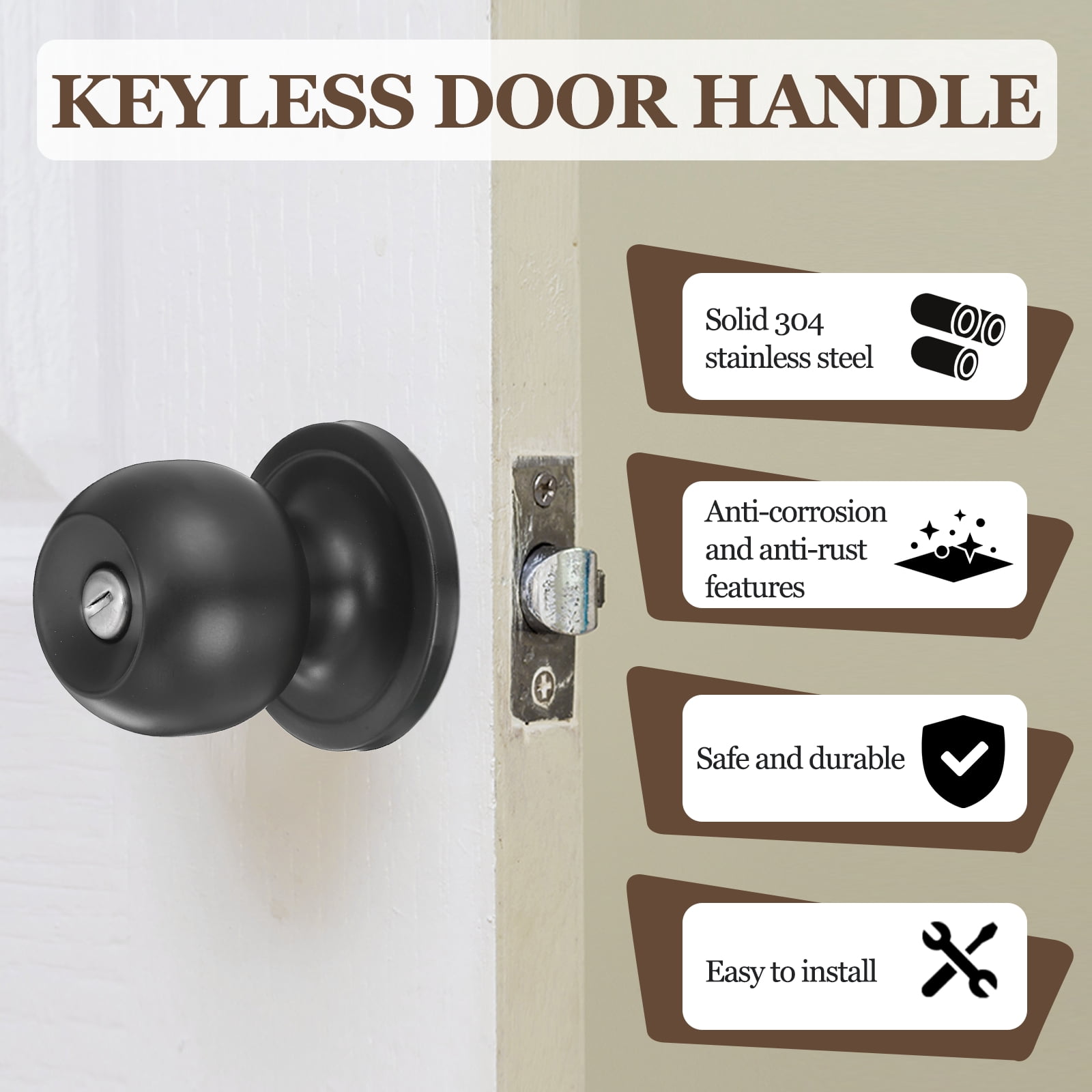 2 Pack Privacy Door Knob, Round Interior Door Handles Keyless Turn Lock Doorknob with Screws Fits 1.77"-2.56" Thickness for Bedroom, Bathroom Closets, Black
