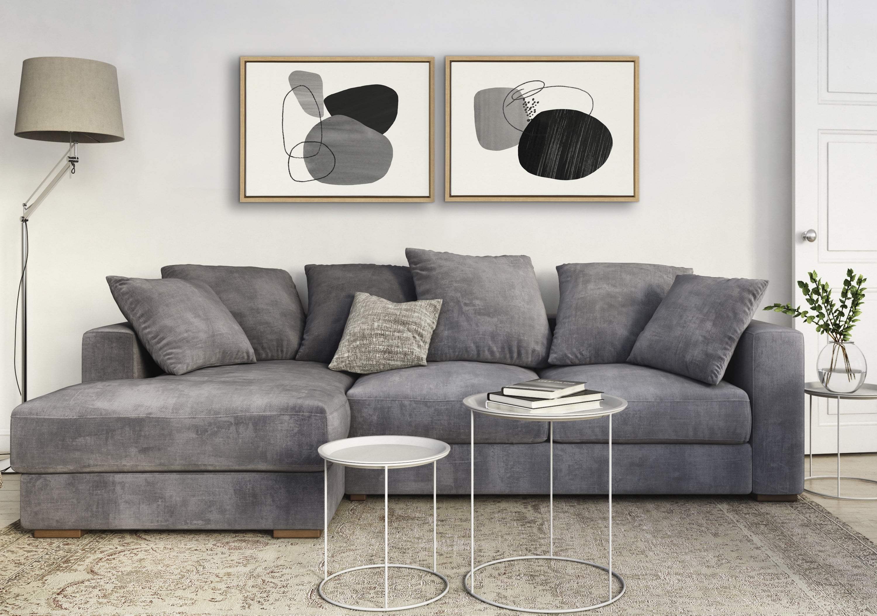 Kate and Laurel Sylvie Abstract Rocks Framed Linen Textured Canvas Wall Art Set by Teju Reval of SnazzyHues, 2 Piece 18x24 Natural, Black and White Abstract Print for Wall