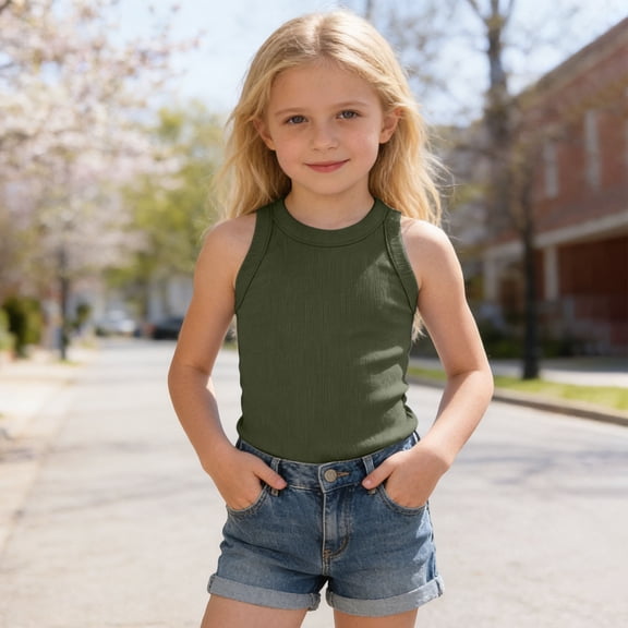 Kids Tank Top Ribbed Solid Casual Sleeveless Crew Neck Olive Green Soft Breathable Lightweight Stretchy Blouse Size 2-3 Y