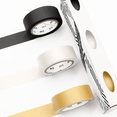 MT Washi Masking Tape - Kamoi Paper Washi Adhesive Tape - 15mm * 7m - Black, White, Gold - Pack of 3