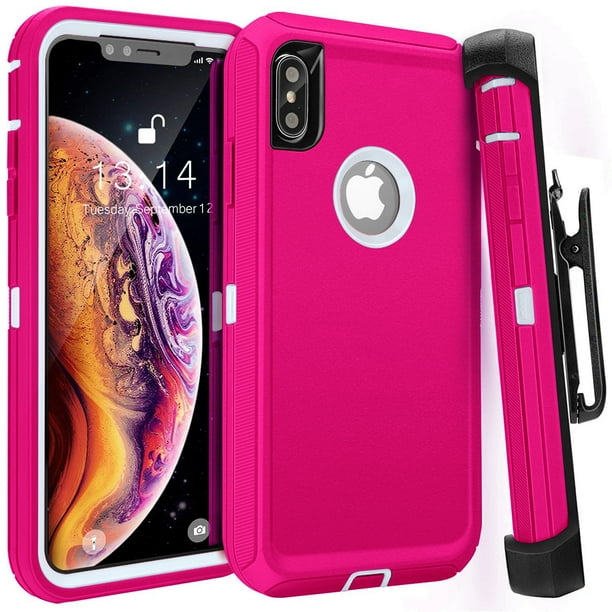 Apple IPhone XR Heavy Duty Defender Armor Hybrid Case Cover With Clip Pink White