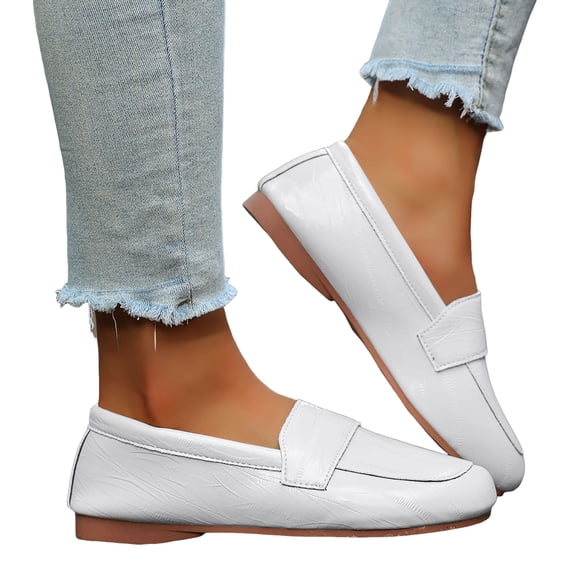 Penny Loafers for Women Wide Toe Box Soft Leather Casual Slip on Flat Shoes Fashion Solid Color Nonslip Walking Shoes White Size 8.5