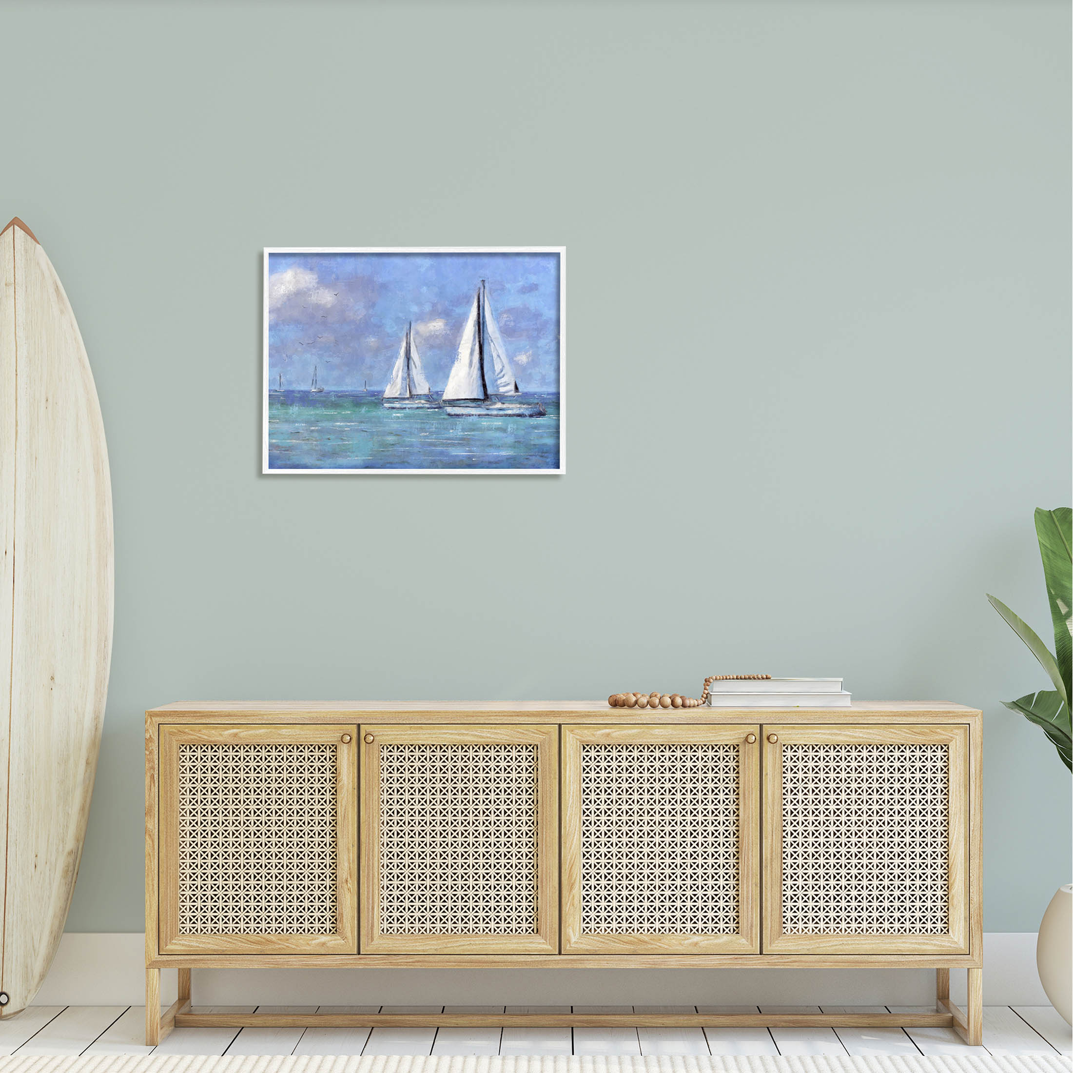 Stupell Industries Sailboats Drifting Vivid Blue Sky Painting White Framed Art Print Wall Art, Design by Nina Blue