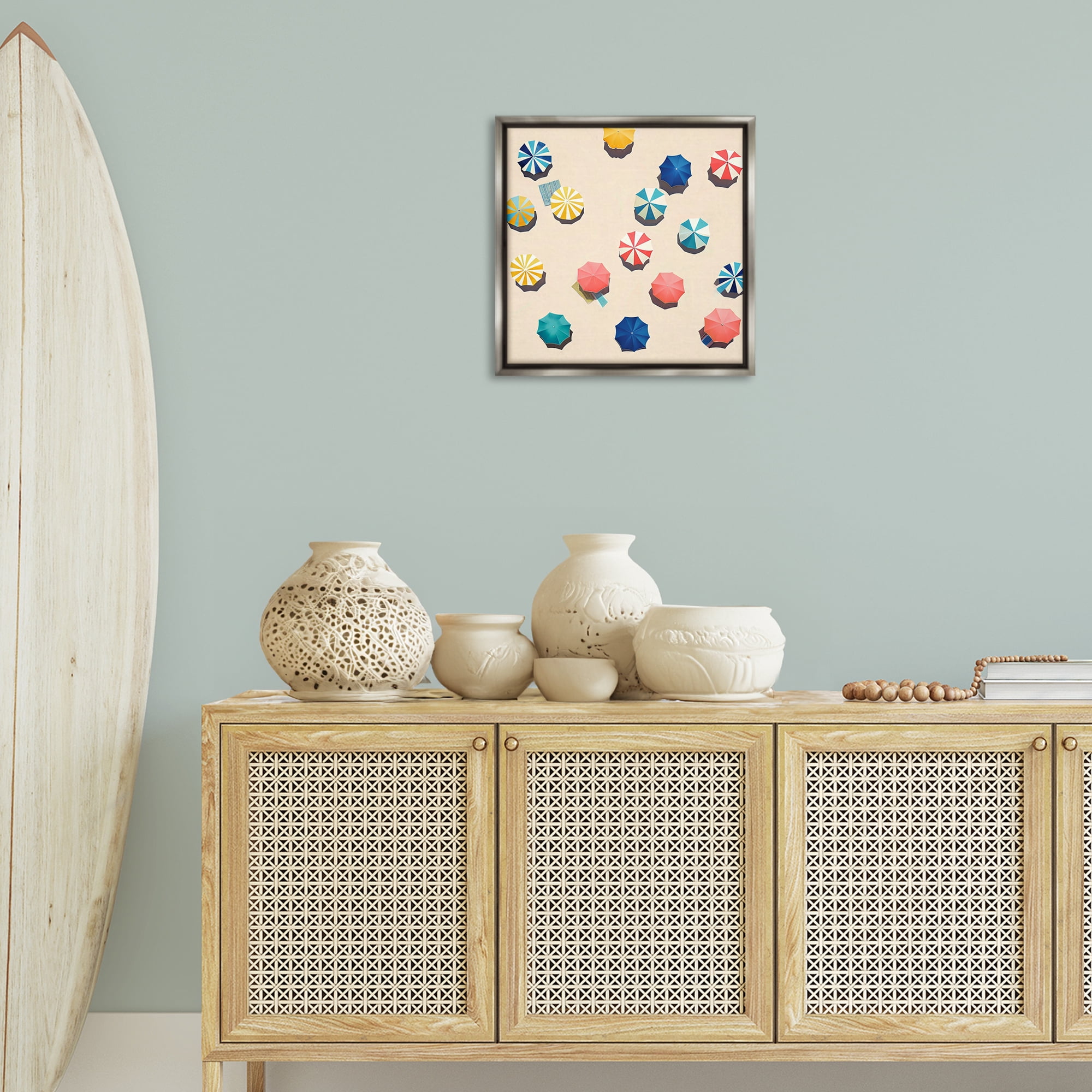 Stupell Industries Coastal Retreat Umbrellas Nautical & Beach Painting Gray Floater Framed Canvas Art Print Wall Art, 18 x 18