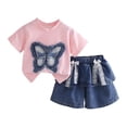 thumbnail image 3 of Shadoumai Girls Embroidered Short Sleeve Top Denim Shorts Summer Outfit Bow Cute Details Casual Playful Ensemble For Toddler Kid Back to School Outfits, 3 of 9