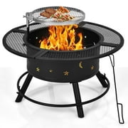 Topbuy 2-in-1 Fire Pit with Cooking Grate 32 Inch Outdoor Wood Burning Firepit Bowl with Swivel BBQ Grill