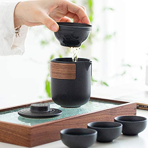 Japanese Style Mini Porcelain Tea Set Ceramic 11 fl oz Teapot with Rattan Handle and Four 2 fl oz Tea Cups Gift Box Set Asian Bamboo 